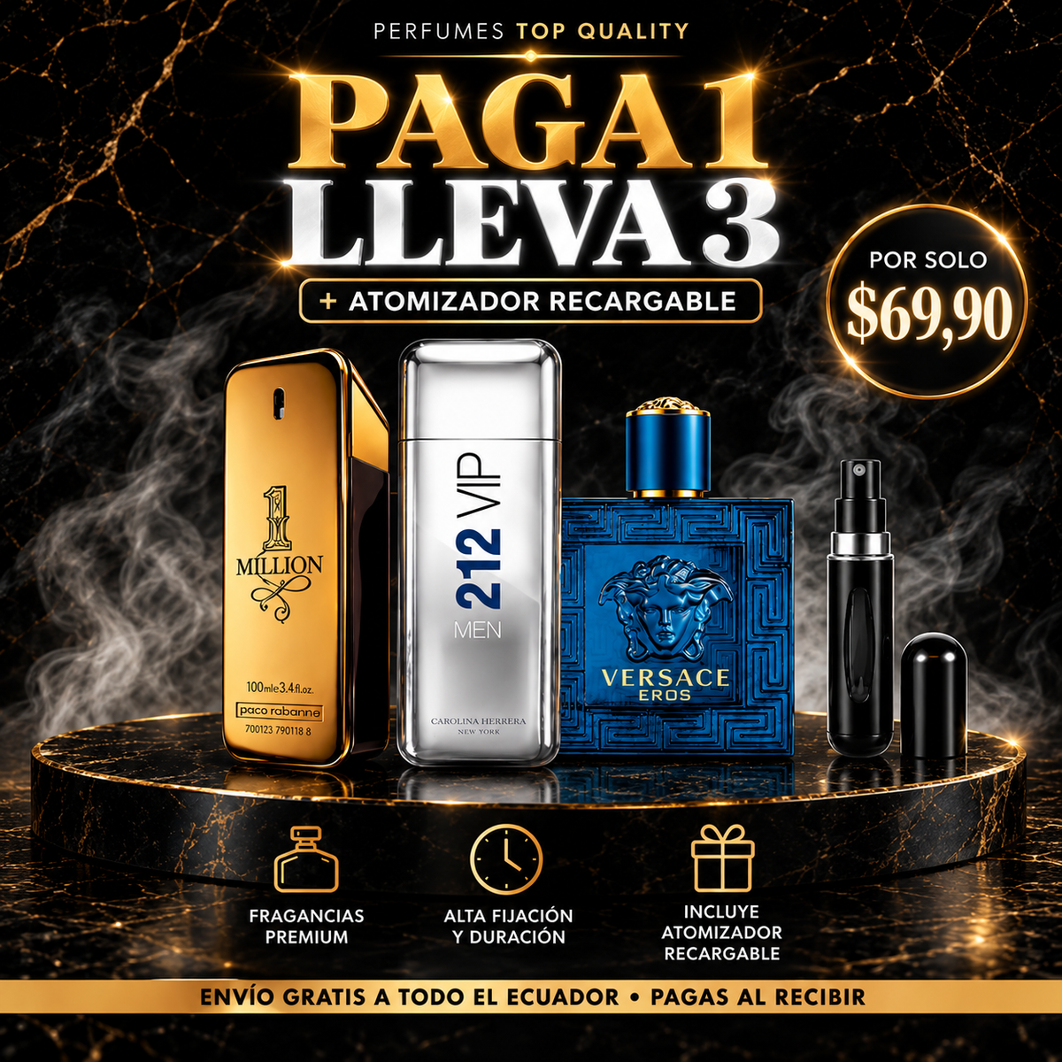 Kit Premium de 3 Perfumes para Hombre + Atomizador Recargable